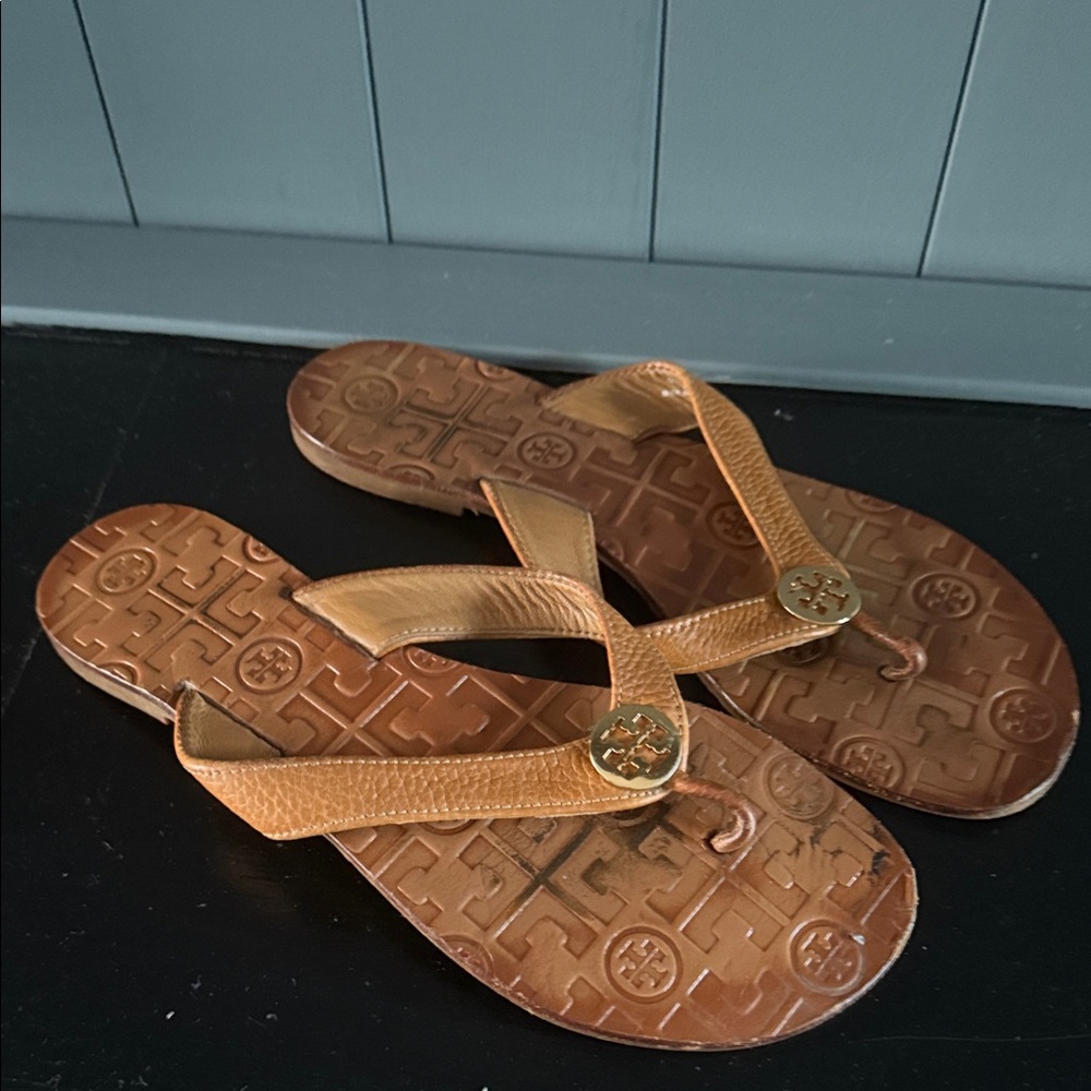 Tory Burch Brown Leather Logo Flip Flop Sandals